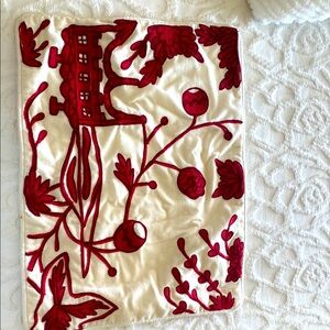 Elegant Red and White Embroidered Accent Pillow